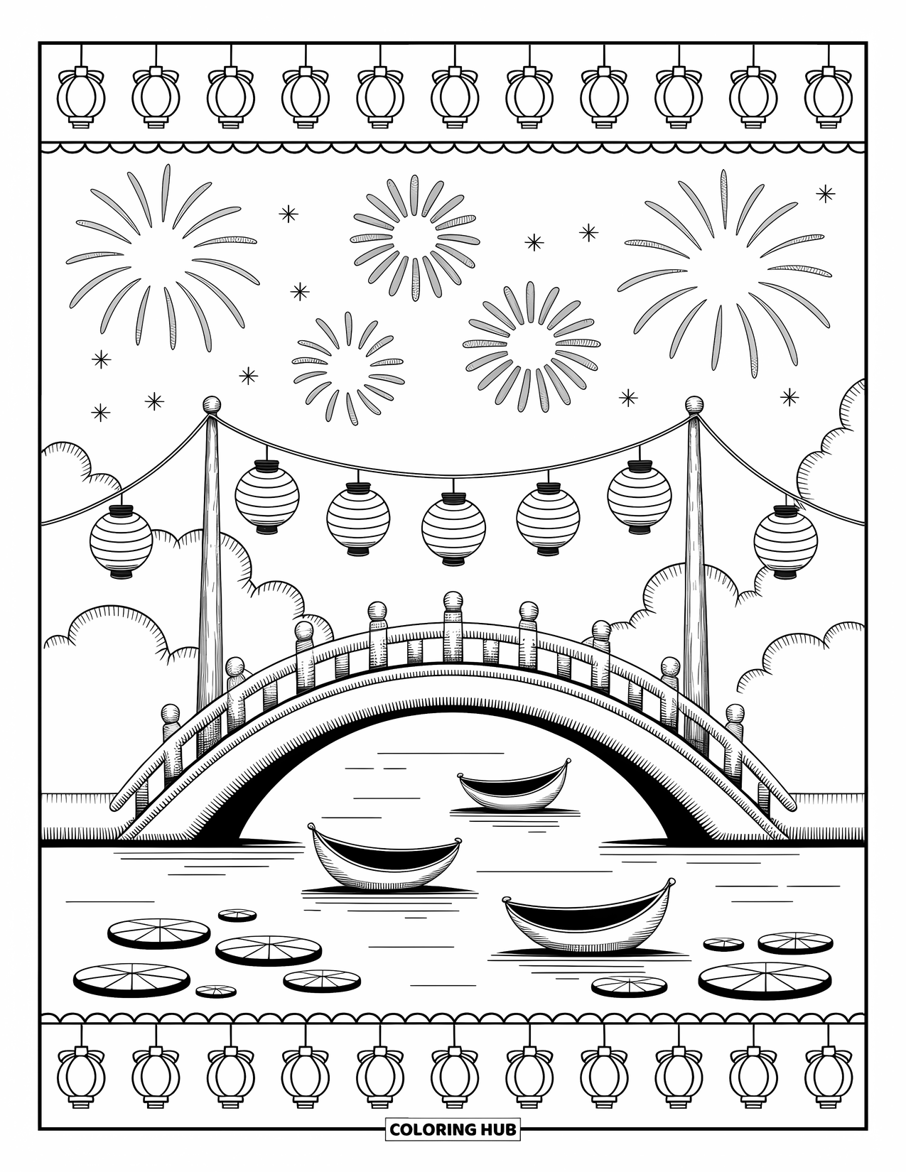 Firework Coloring Page for Adults: Arched bridge with lanterns, boats, lily pads, pagoda, and fireworks