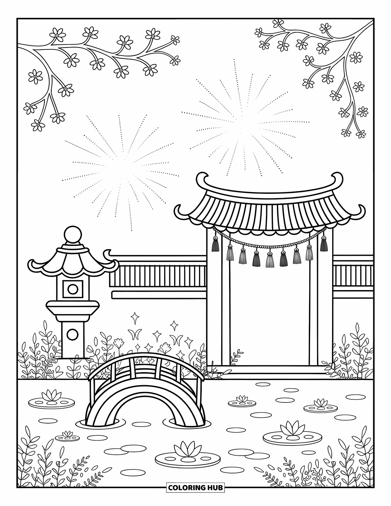 Firework Coloring Page for Adults: Bridge over koi pond with lantern, gate, blossoms, and fireworks above