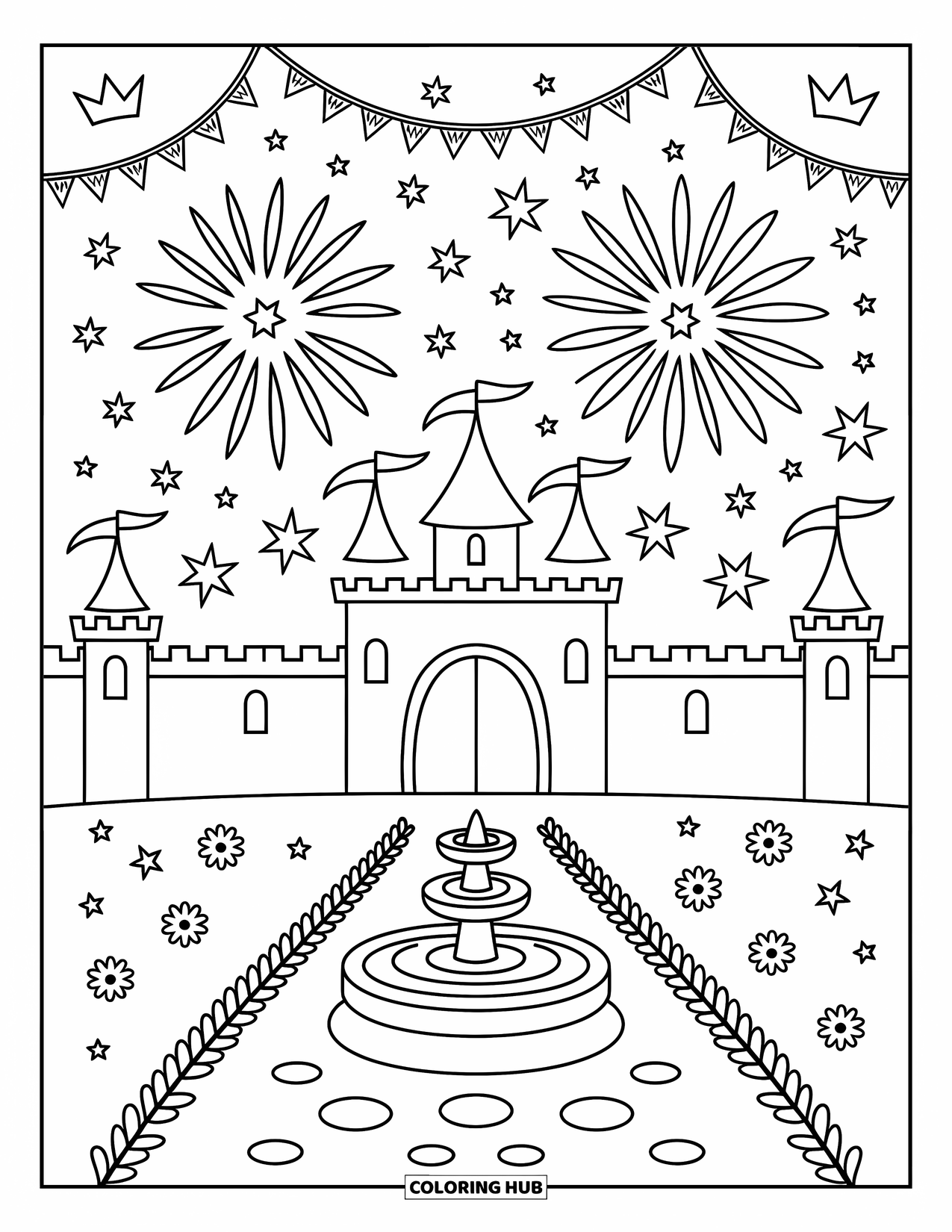 Firework Coloring Page for Adults: Castle with flags, fountain, flowers, and layered fireworks above