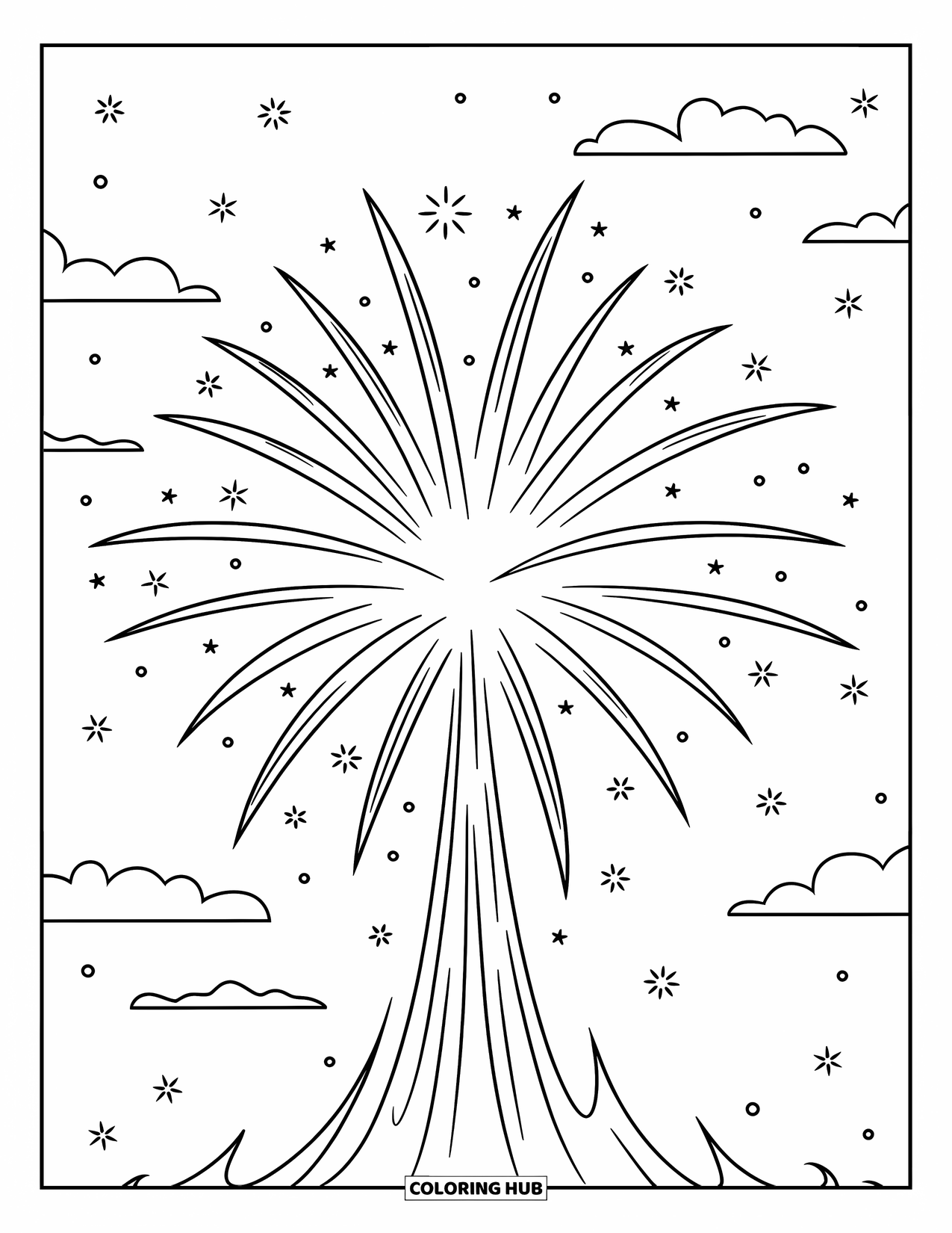 Firework Coloring Page for Adults: Crossette firework in starry sky with small scattered sparks