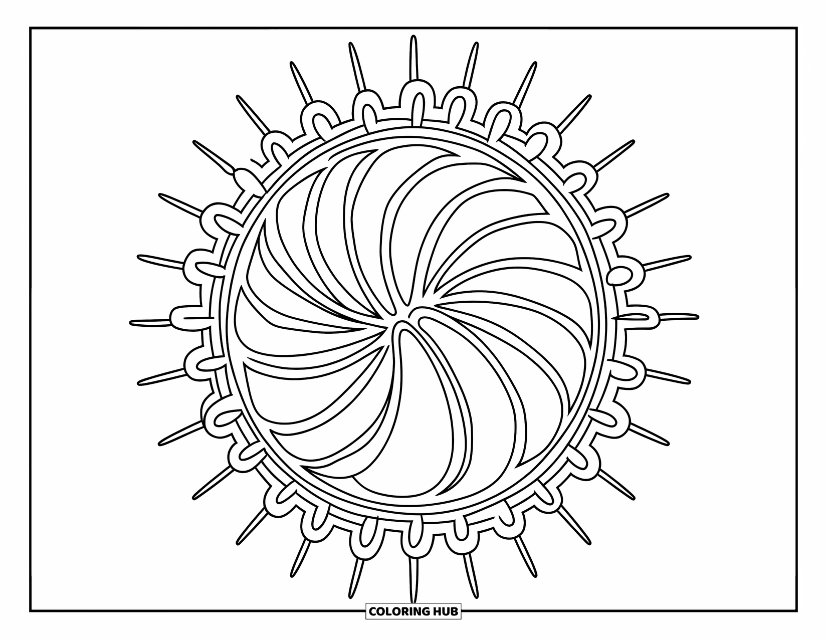 Firework Coloring Page for Adults: Double-ring firework with border and detailed, relaxing design