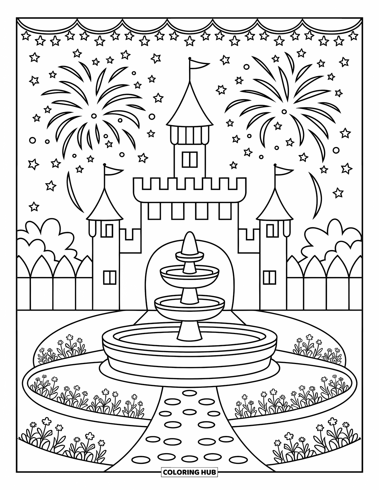 Firework Coloring Page for Adults: Fairytale castle with fountain, path, flowers, and layered fireworks