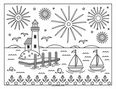 Firework Coloring Page for Adults: Harbor with sailboats, buoy, gulls, and fireworks framed by shells and anchors