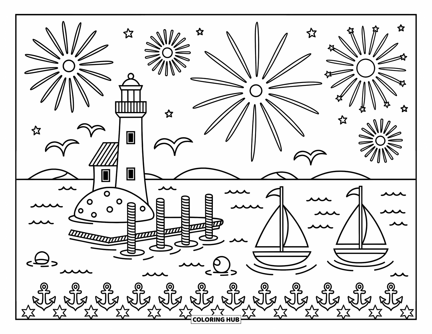 Firework Coloring Page for Adults: Harbor with sailboats, buoy, gulls, and fireworks framed by shells and anchors