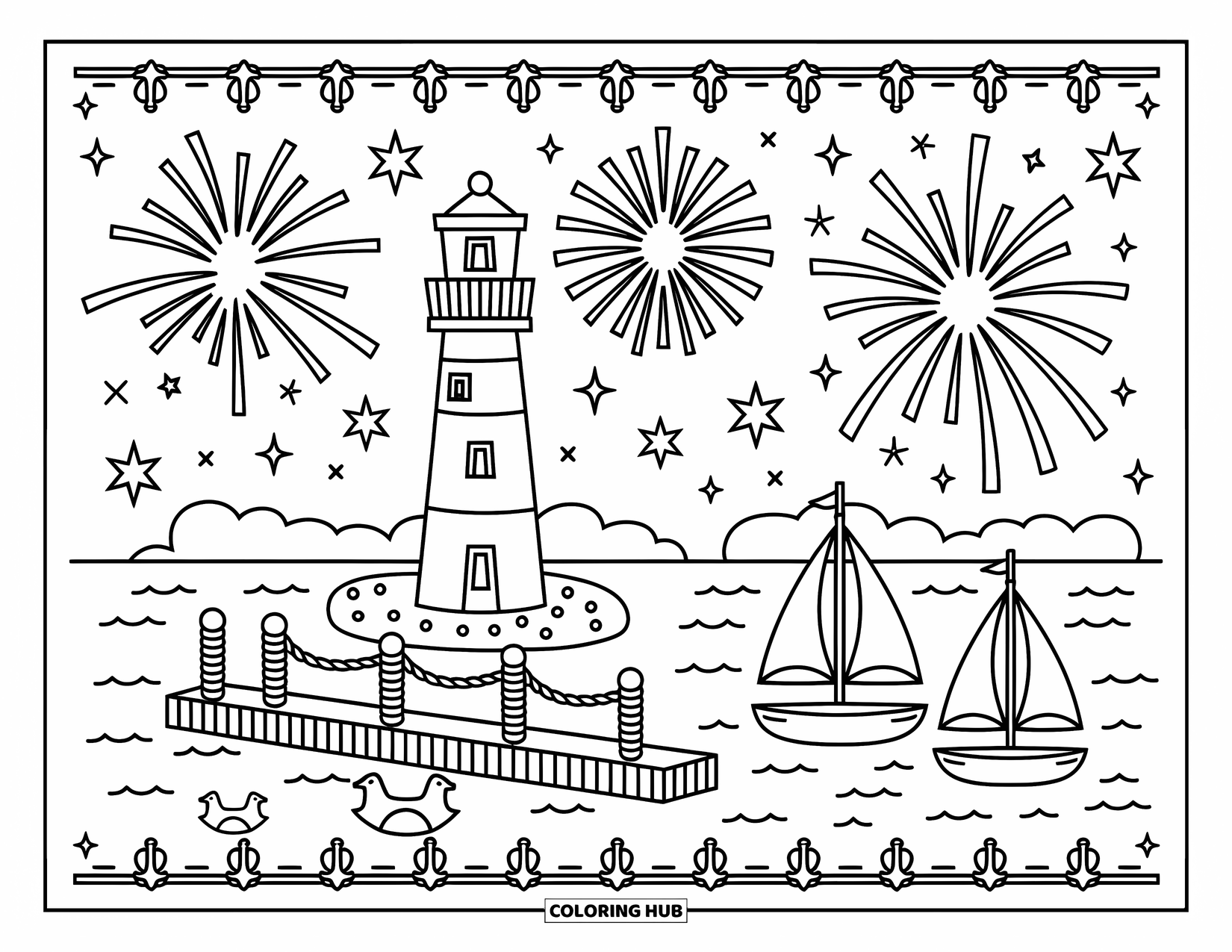 Firework Coloring Page for Adults: Lighthouse, pier, and sailboats with fireworks in a cozy harbor scene