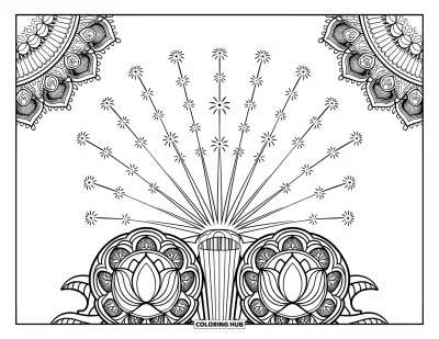 Firework Coloring Page for Adults: Shell-of-shells firework over mandala and vine-leaf decorative border