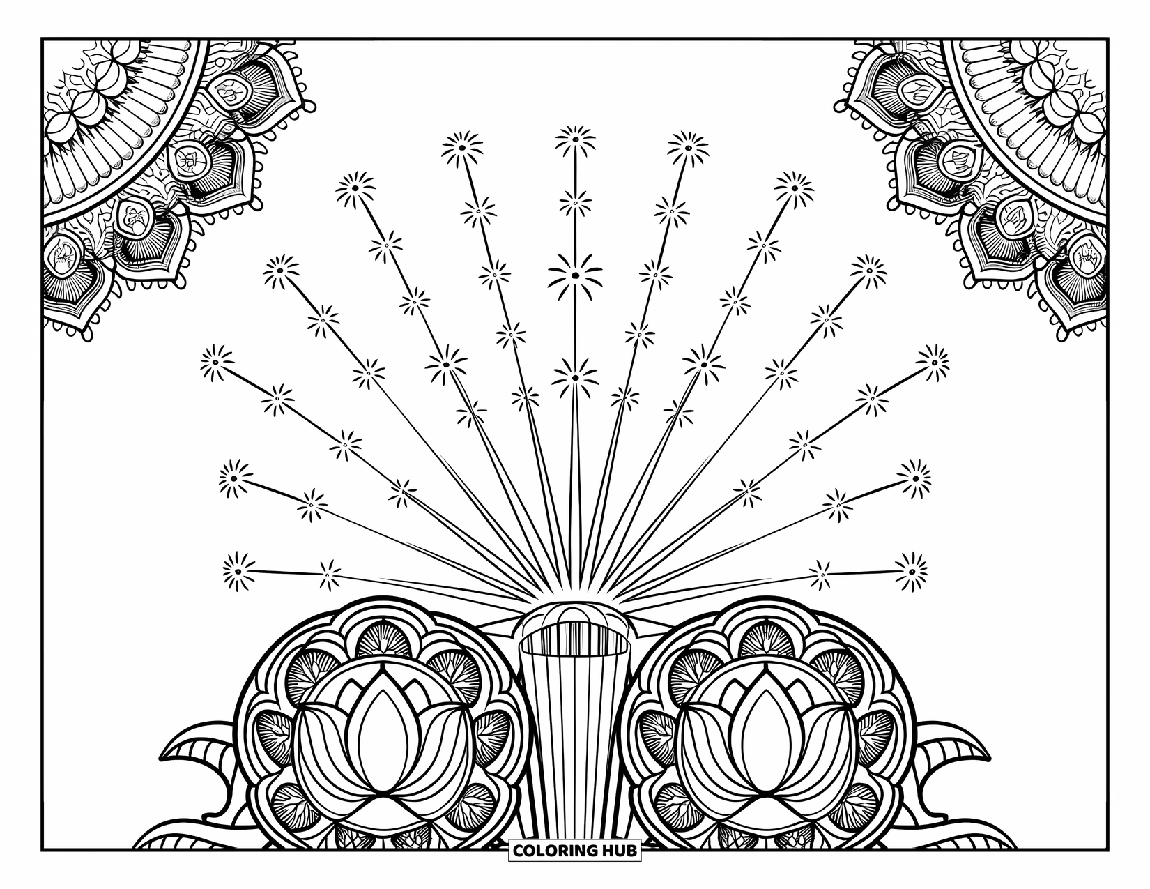 Firework Coloring Page for Adults: Shell-of-shells firework over mandala and vine-leaf decorative border