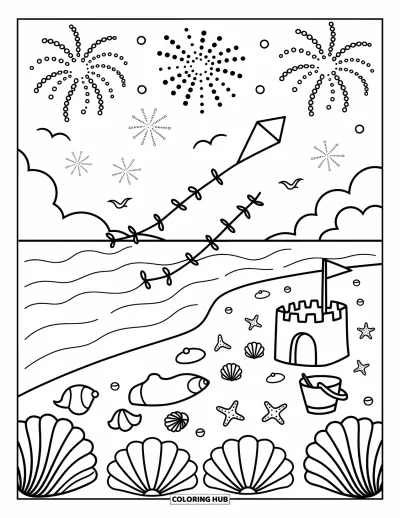 Firework Coloring Page for Adults: Shoreline with sandcastle, shells, kite, seagulls, and fireworks above