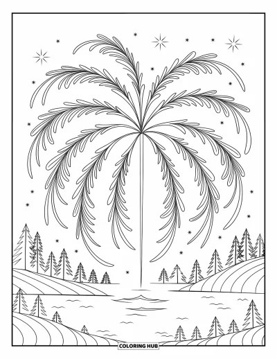 Firework Coloring Page for Adults: Willow firework over hills, trees, and water under night sky