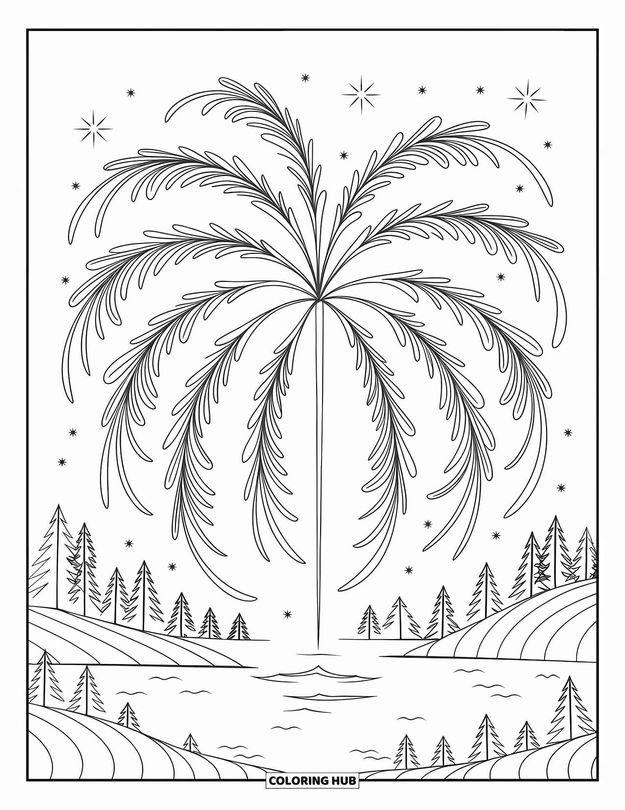 Firework Coloring Page for Adults: Willow firework over hills, trees, and water under night sky