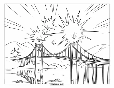 Firework Coloring Page for Kids: Bursts over a suspension bridge with boats and mountain backdrop