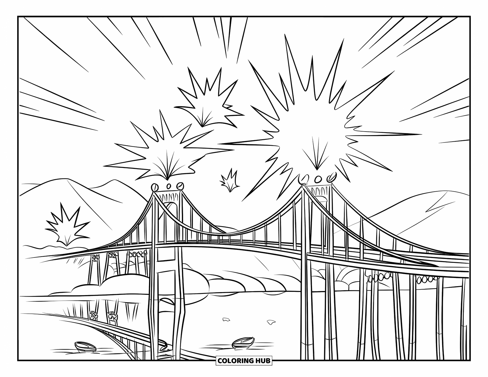 Firework Coloring Page for Kids: Bursts over a suspension bridge with boats and mountain backdrop