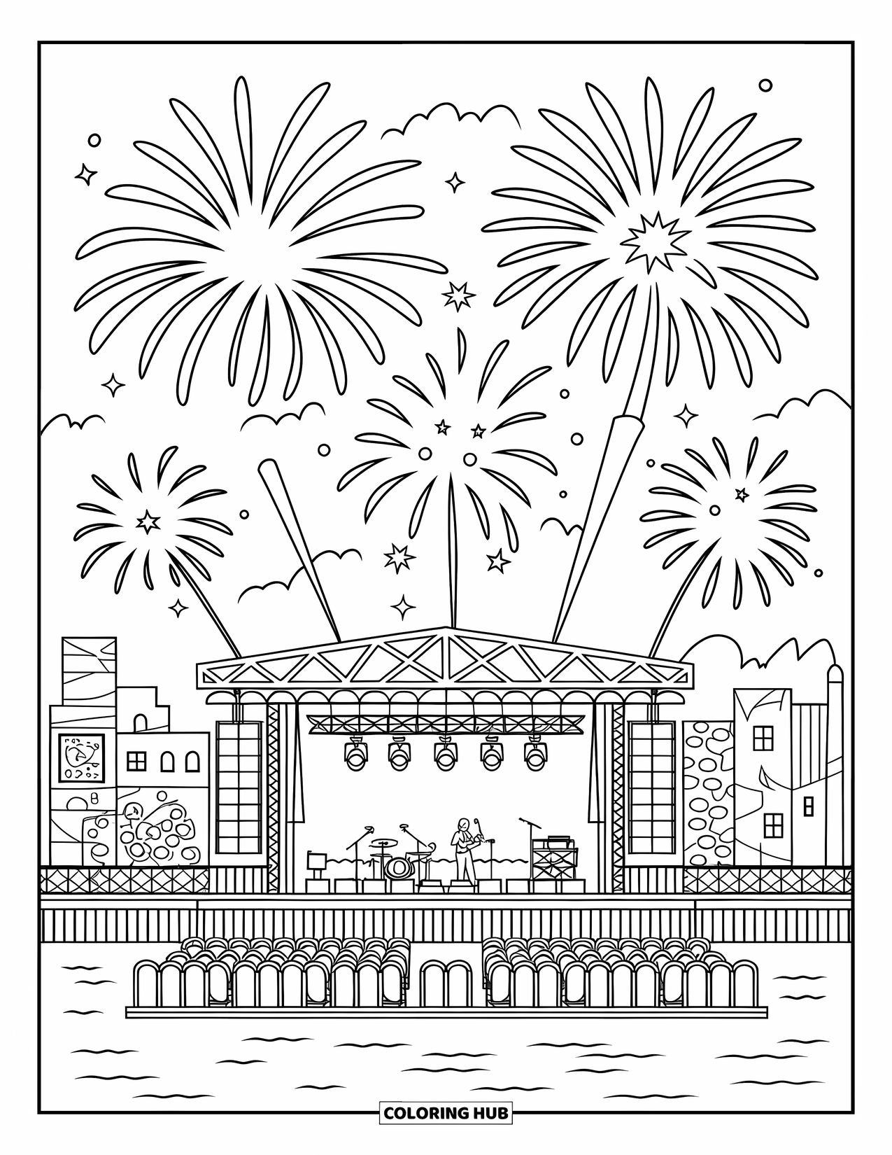 Firework Coloring Page for Kids: Concert stage with fireworks and audience seating by the river