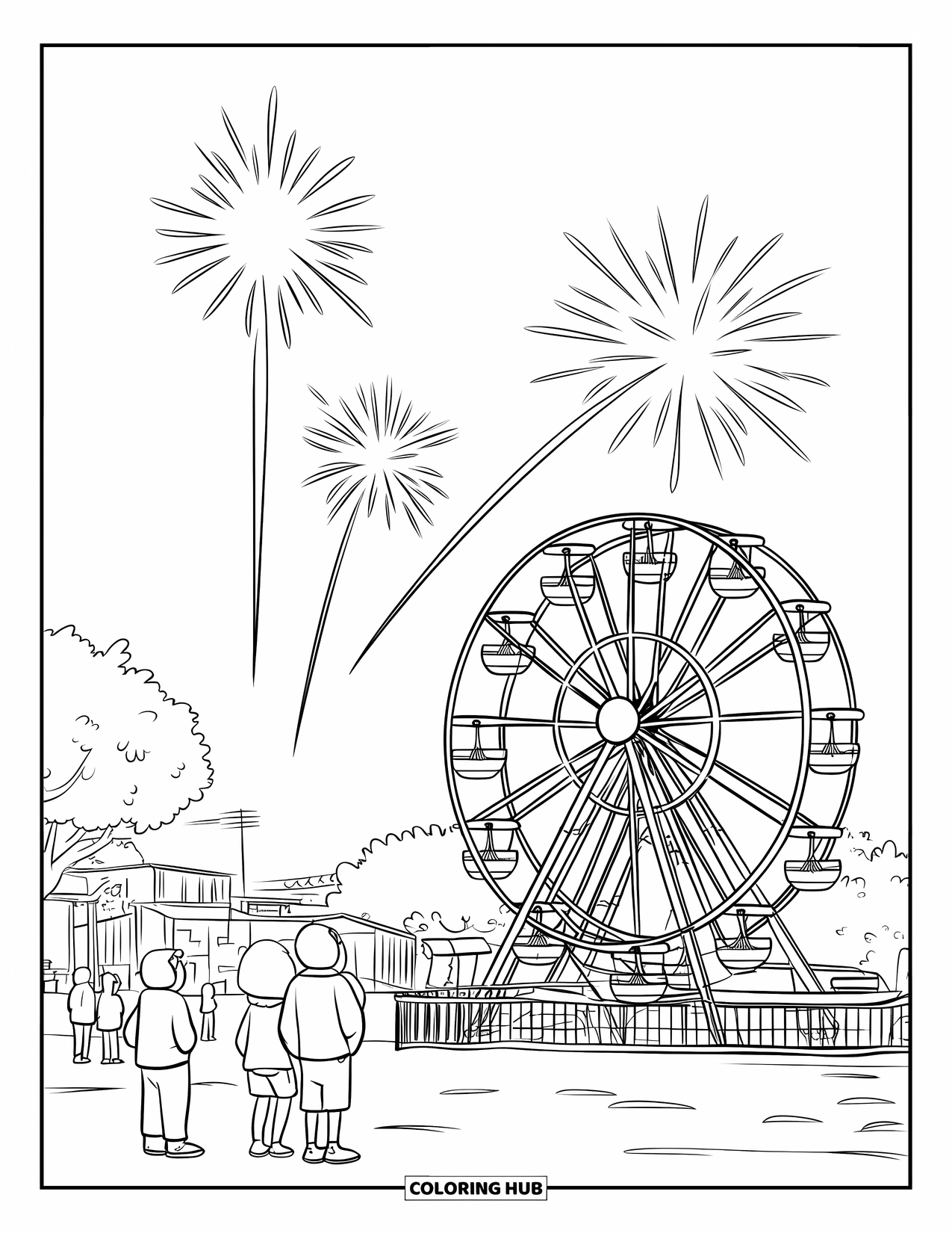 Firework Coloring Page for Kids: Ferris wheel with fireworks and people watching in foreground