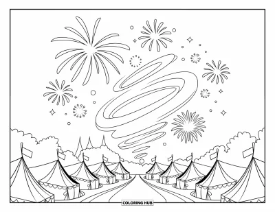 Firework Coloring Page for Kids: Festival tents with layered fireworks and trees in the background