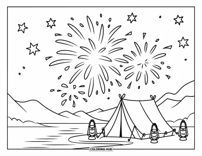 Firework Coloring Page for Kids: Fireworks over a tent with lanterns by a lake and mountains