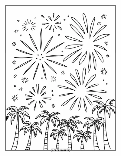 Firework Coloring Page for Kids: Fireworks over pointed palm fronds against a dark sky