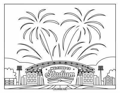 Firework Coloring Page for Kids: Fireworks with spark trails over stadium and "Welcome" sign