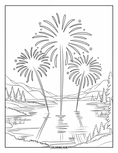 Firework Coloring Page for Kids: Lake with trails from three big fireworks and mountain backdrop