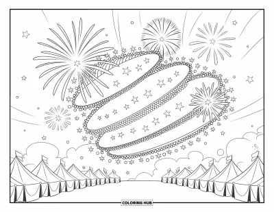 Firework Coloring Page for Kids: Layered fireworks above tents arranged in a circle under the night sky