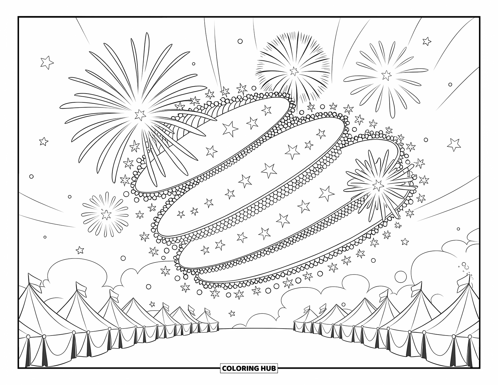 Firework Coloring Page for Kids: Layered fireworks above tents arranged in a circle under the night sky