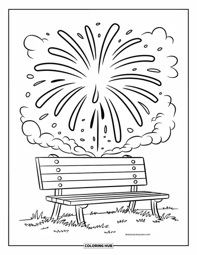 Firework Coloring Page for Kids: Star-shaped firework and smoke above a park bench