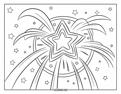 Firework Coloring Page for Kids: Star-shaped firework burst with smaller stars in the sky