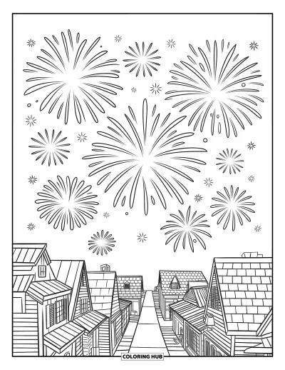 Firework Coloring Page for Kids: Steep-roofed town buildings with fireworks above