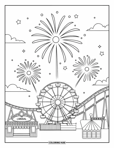 Firework Coloring Page for Kids: Three fireworks above carnival with Ferris wheel and stalls