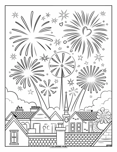 Firework Coloring Page for Kids: Varied rooftops and chimneys under spirals and star fireworks