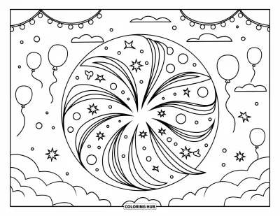 Fireworks Coloring Page for Adults: A circular mandala of fireworks and confetti surrounded by balloons, clouds, and garlands