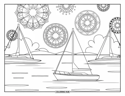 Fireworks Coloring Page for Adults: Anchored sailboats float in a calm harbor under swirling firework mandalas
