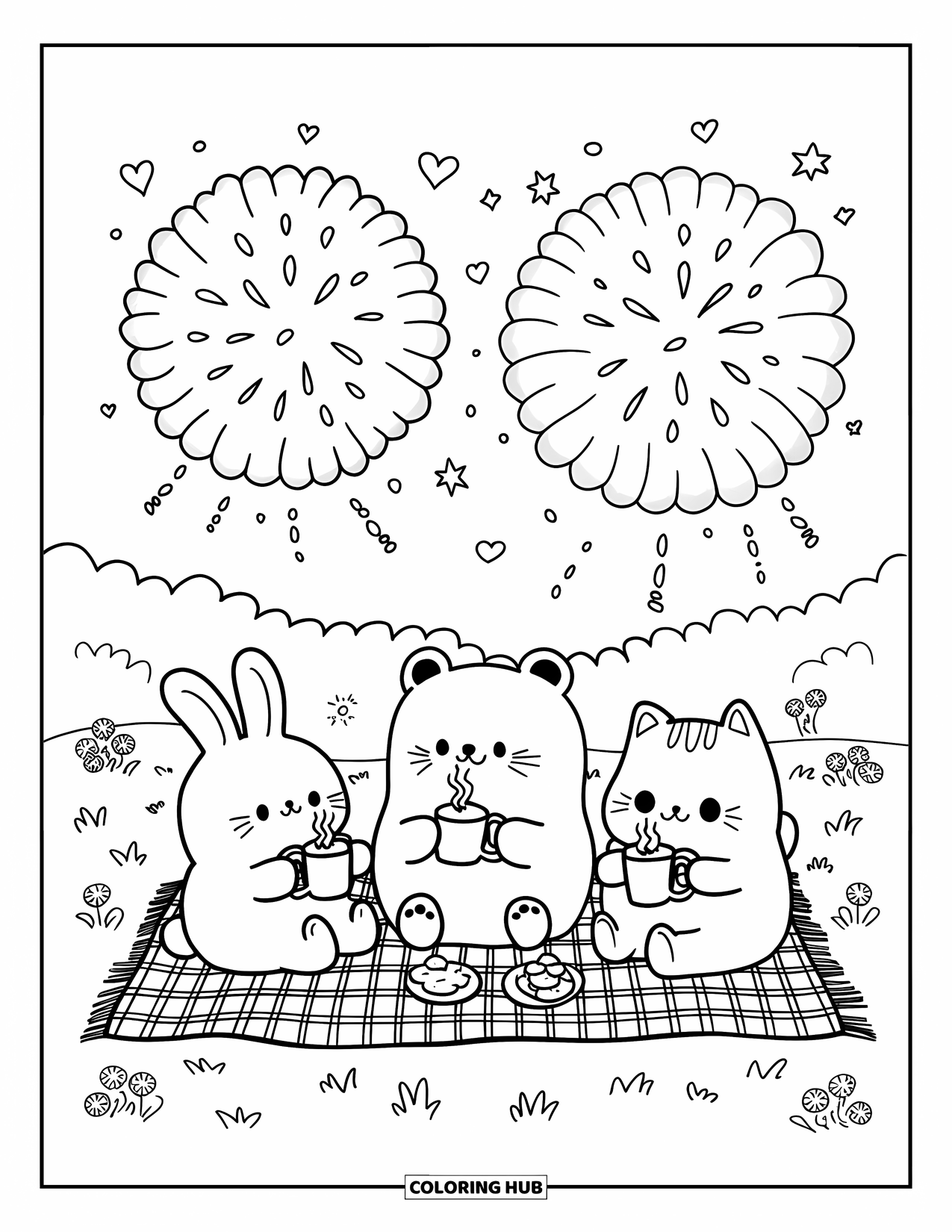 Fireworks Coloring Page for Adults: Chubby bunny, bear, and cat enjoy fireworks with snacks and mugs on a picnic blanket