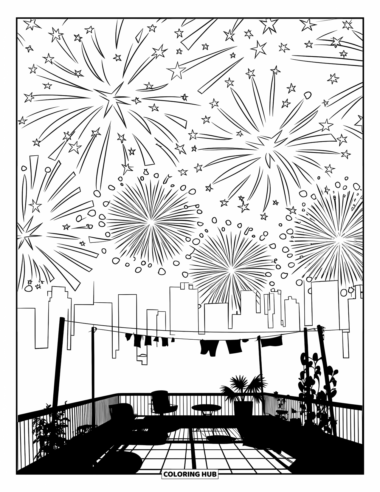 Fireworks Coloring Page for Adults: City rooftop with chairs and laundry under a sky of fireworks and tall buildings