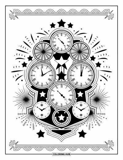 Fireworks Coloring Page for Adults: Clocks, stars, and fireworks blend in a detailed New Year's Eve celebration scene