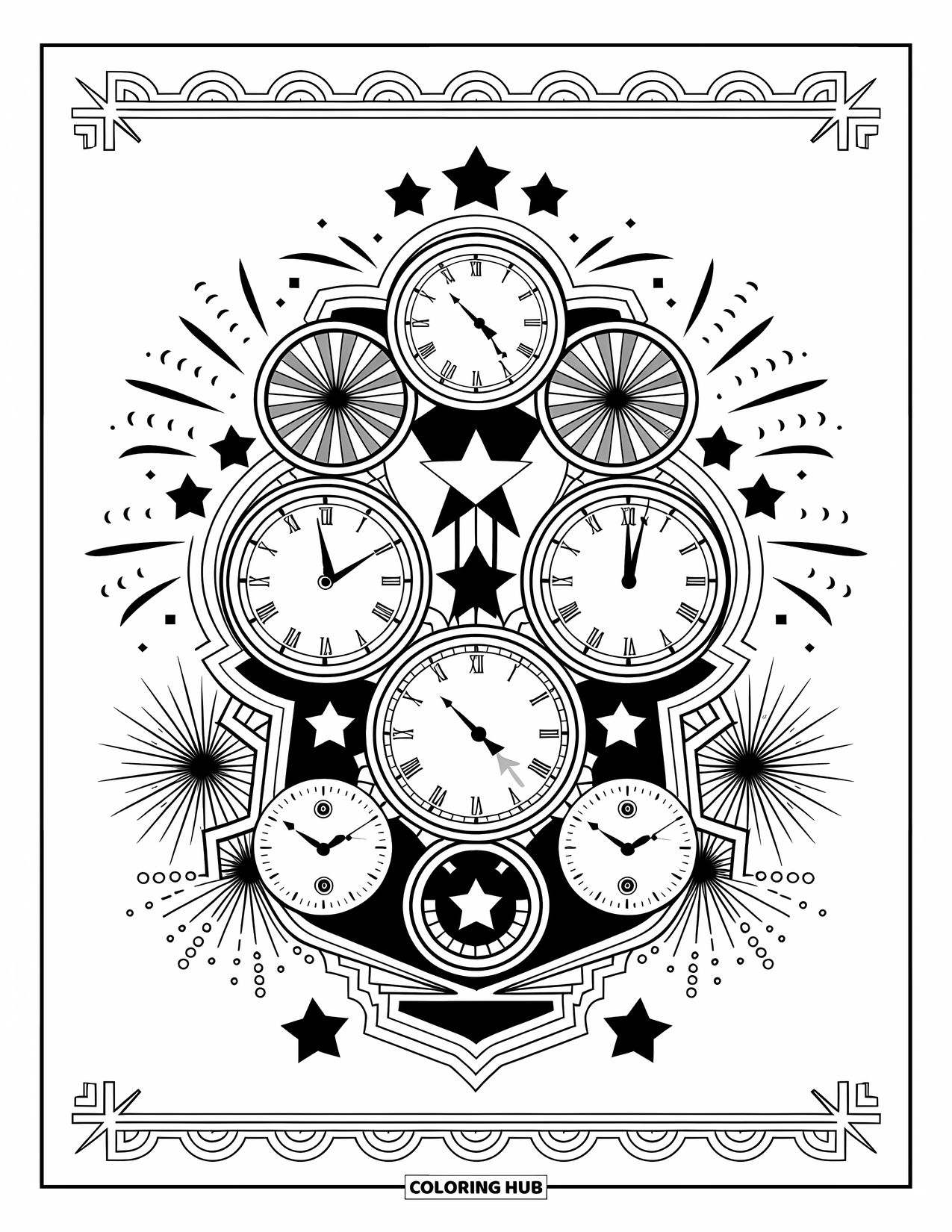 Fireworks Coloring Page for Adults: Clocks, stars, and fireworks blend in a detailed New Year's Eve celebration scene