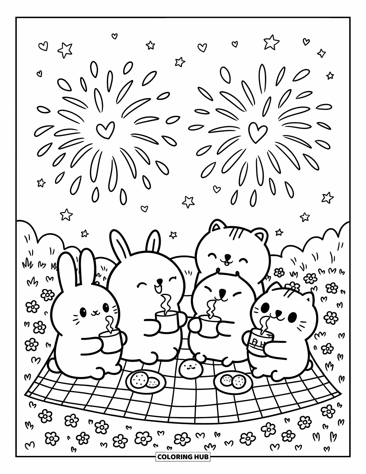 Fireworks Coloring Page for Adults: Cute animals enjoy a cozy meadow picnic as bubbly fireworks bloom with stars and hearts
