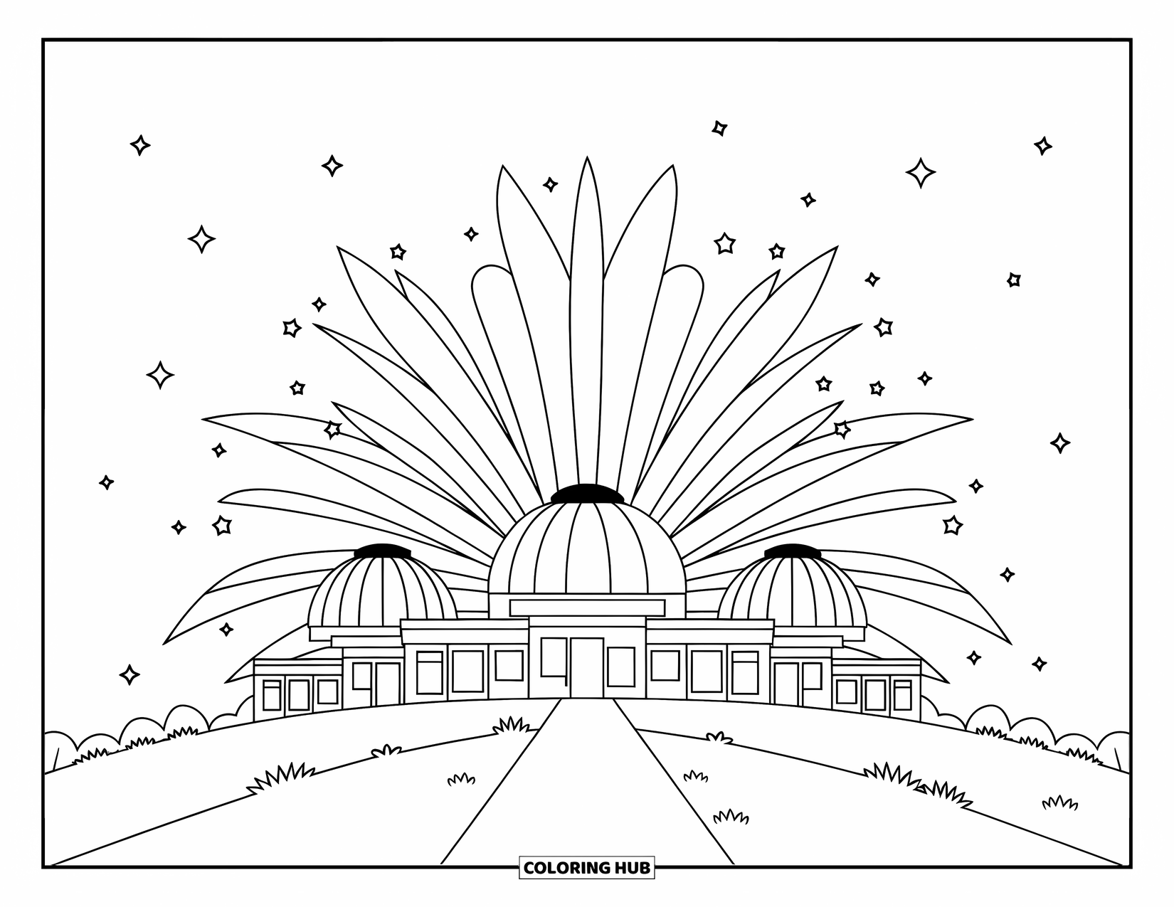 Fireworks Coloring Page for Adults: Domed observatory with telescopes under layered fireworks and a sky full of stars