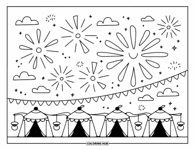 Fireworks Coloring Page for Adults: Festival scene with teapot tents, bunting lines, and playful bursts in the sky