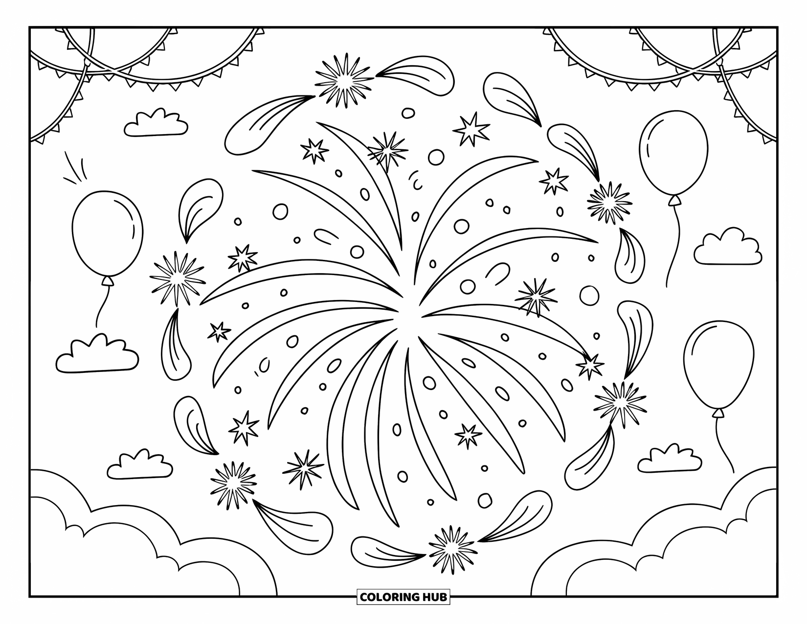 Fireworks Coloring Page for Adults: Fireworks and confetti swirl in a playful mandala with clouds, garlands, and balloons