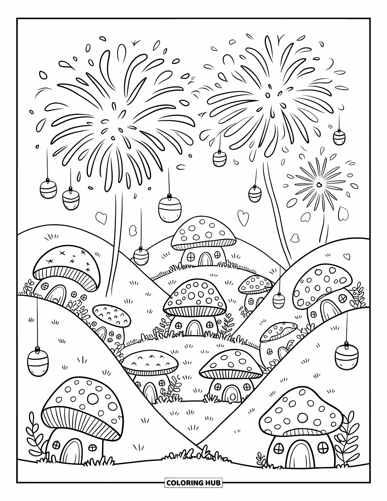 Fireworks Coloring Page for Adults: Fireworks bloom like flowers above gentle hills and whimsical mushroom houses with glowing lanterns