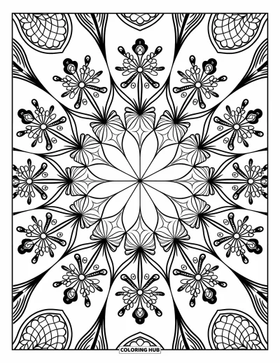 Fireworks Coloring Page for Adults: Fireworks radiate in a kaleidoscope pattern from the center with intricate details
