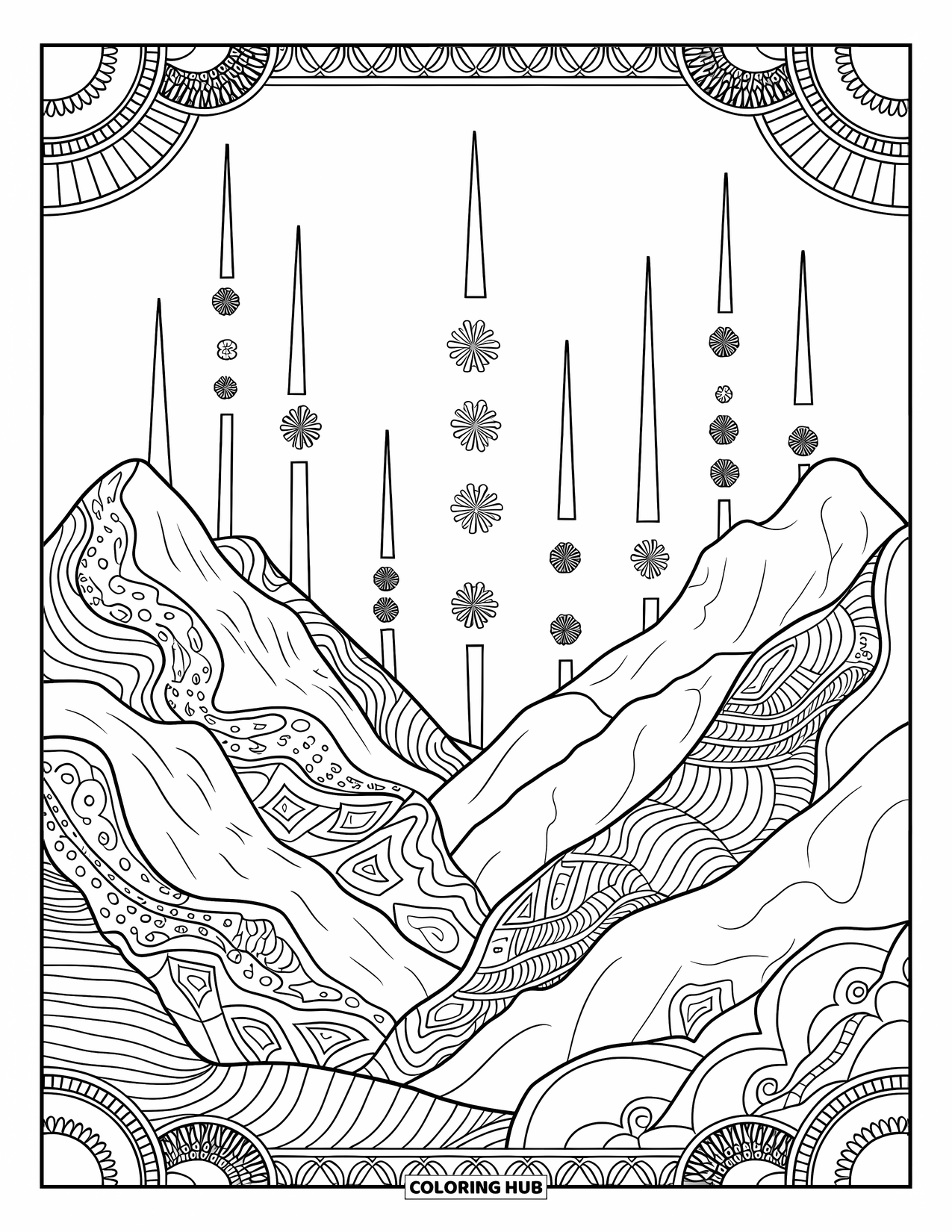 Fireworks Coloring Page for Adults: Fireworks rise between patterned mountain peaks in a scenic valley