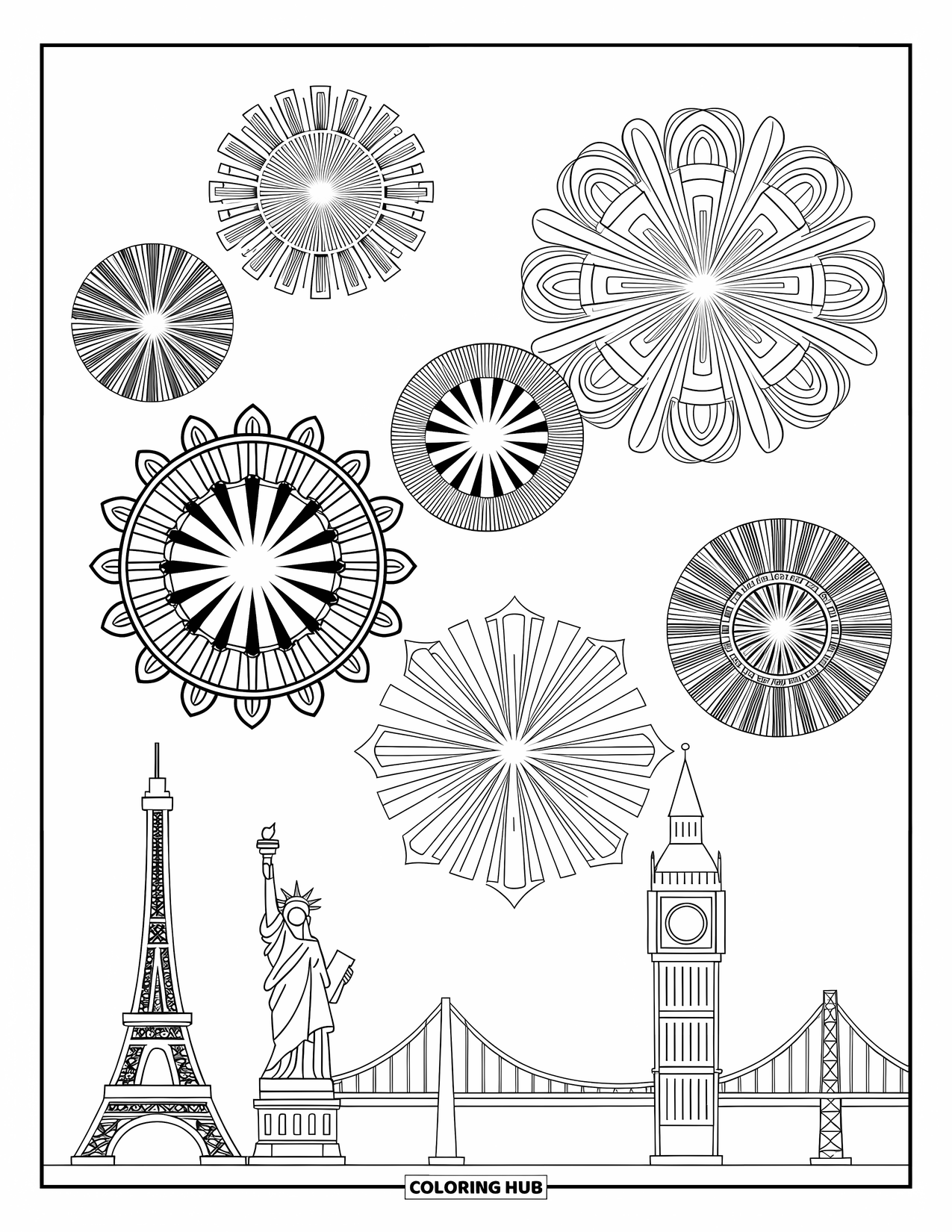 Fireworks Coloring Page for Adults: Fireworks sparkle over global landmarks including Big Ben and the Golden Gate Bridge