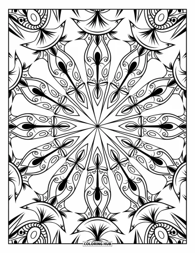 Fireworks Coloring Page for Adults: Intricate kaleidoscope fireworks burst from a central point with swirling patterns