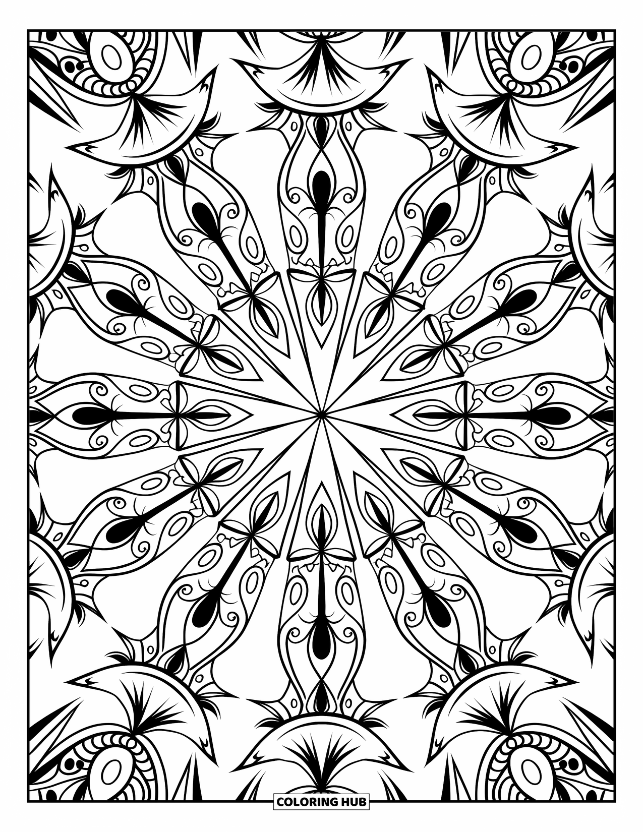 Fireworks Coloring Page for Adults: Intricate kaleidoscope fireworks burst from a central point with swirling patterns