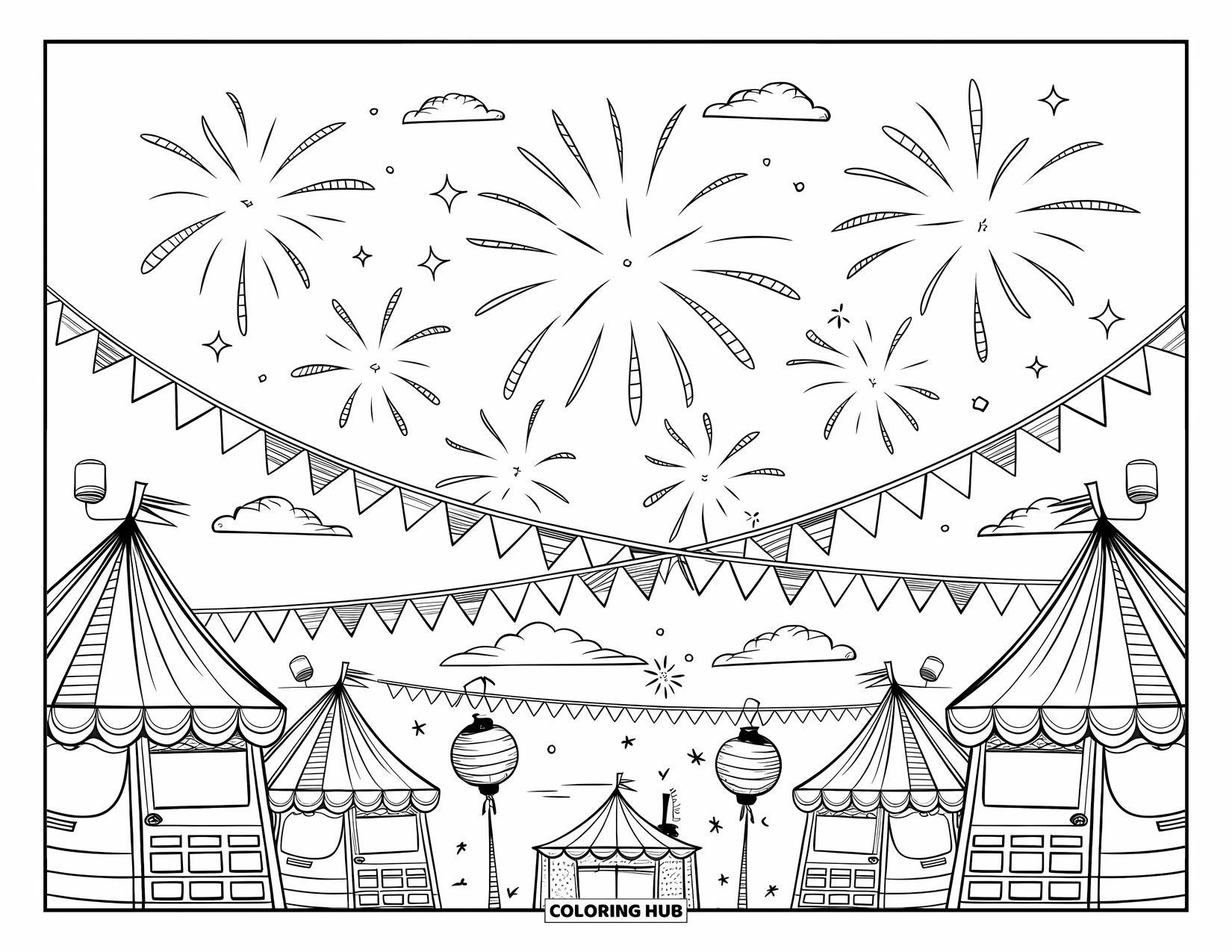 Fireworks Coloring Page for Adults: Lantern tents and bunting lines frame fireworks bursting with spark trails and clouds