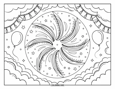 Fireworks Coloring Page for Adults: Mandala-style fireworks and stars spin outward, framed by clouds, balloons, and garlands