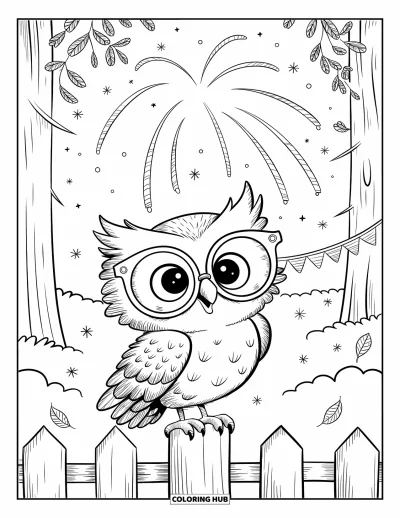 Fireworks Coloring Page for Adults: Owl on a fence post enjoys spiral fireworks under twinkling stars and waving leaves