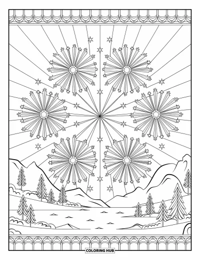 Fireworks Coloring Page for Adults: Radial fireworks glow over mountains, trees, and water, framed by a decorative border